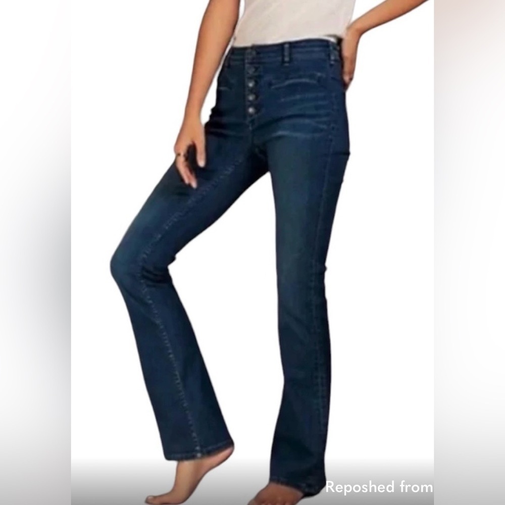 Free People Kaye Mid Rise Flare Jean Dark Wash Exposed Button Fly Size 30